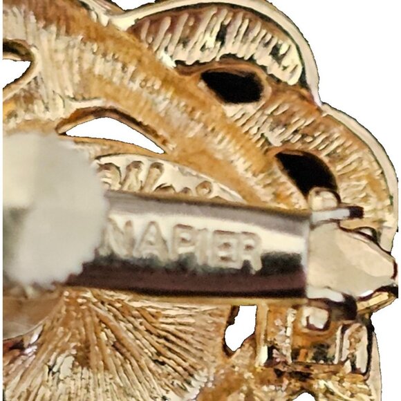 Napier Gold Tone Faux Pearl Earrings, Clip-on, Screw Backs, 7/8" Diameter - Picture 4 of 5